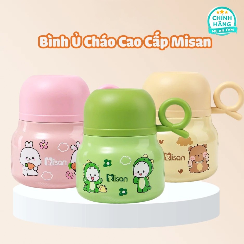 🍲 Bình Ủ Cháo Cho Bé Ăn Dặm MISAN Inox 304 – Chính Hãng, Giữ Ấm 10h, Kèm Thìa Isan, 500ml
