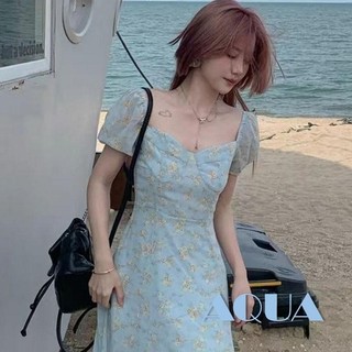 Anana-nữ Đầm Hoa Phong Cách Pháp Người Yêu Cổ Phồng Tay Bên Chia Lưng Midi Đầm