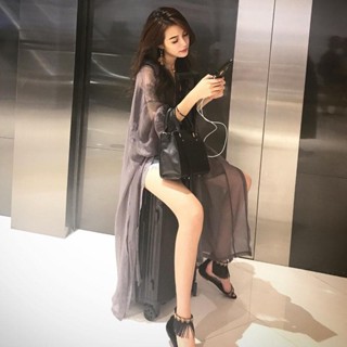 Áo Khoác Cardigan Nữ mới dáng dài vừa Jiashucheng Áo khoác mỏng tay bồng đi biển áo voan cỡ lớn