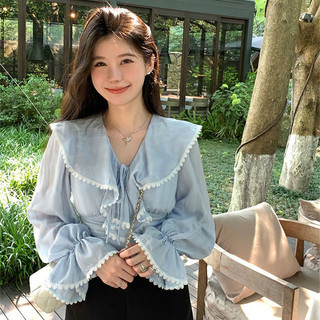 Yuewen Pháp Ngọt Ngào Tính Khí Xù Áo Sơ Mi Dài Tay Nữ Mùa Xuân Phối Ren Ngắn Khâu Mỏng Hơn Nhìn Top