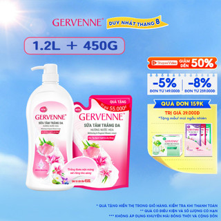 Sữa tắm trắng da gervenne dâu tây bạch tuyết & lily hồng 1.2l + túi sữa tắm 450gr