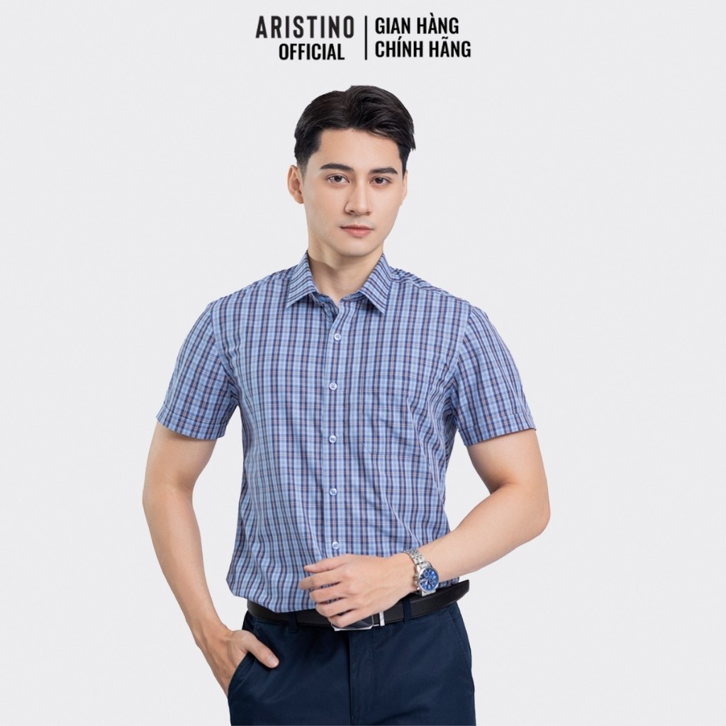 Áo sơ mi ngắn tay ARISTINO màu xanh kẻ nâu - ASS020AZ