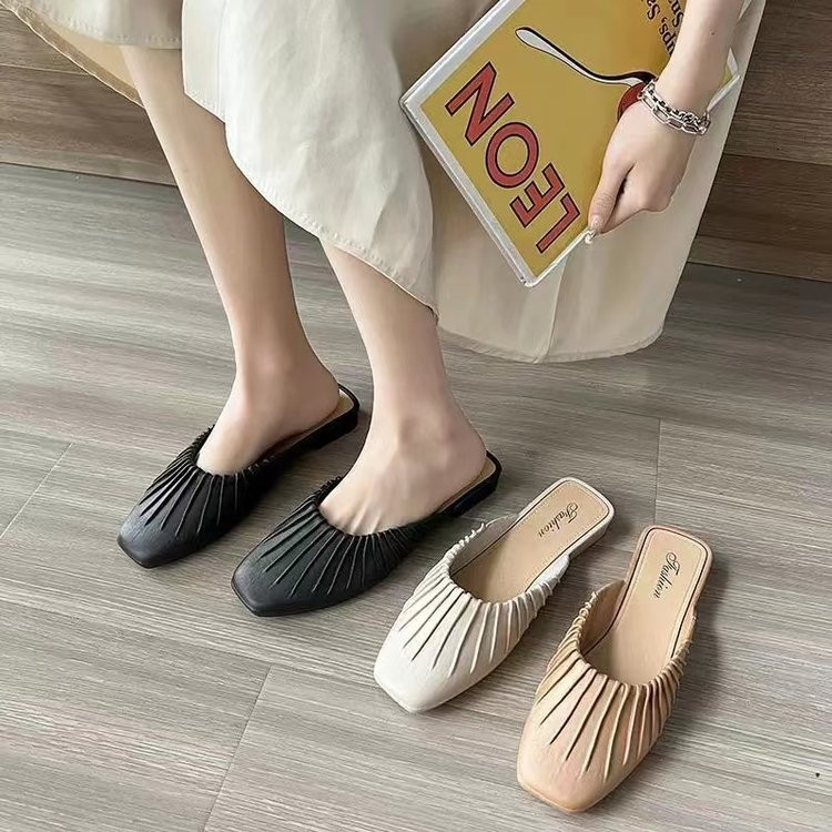 Dép lê đế bằng nhẹ nhẹ màu trơn Hàn Quốc PU Giày xỏ chân cho nữ đi ngoài nhà thường ngày Dép bệt đi làm hàng ngày tại xưởng giá sỉ