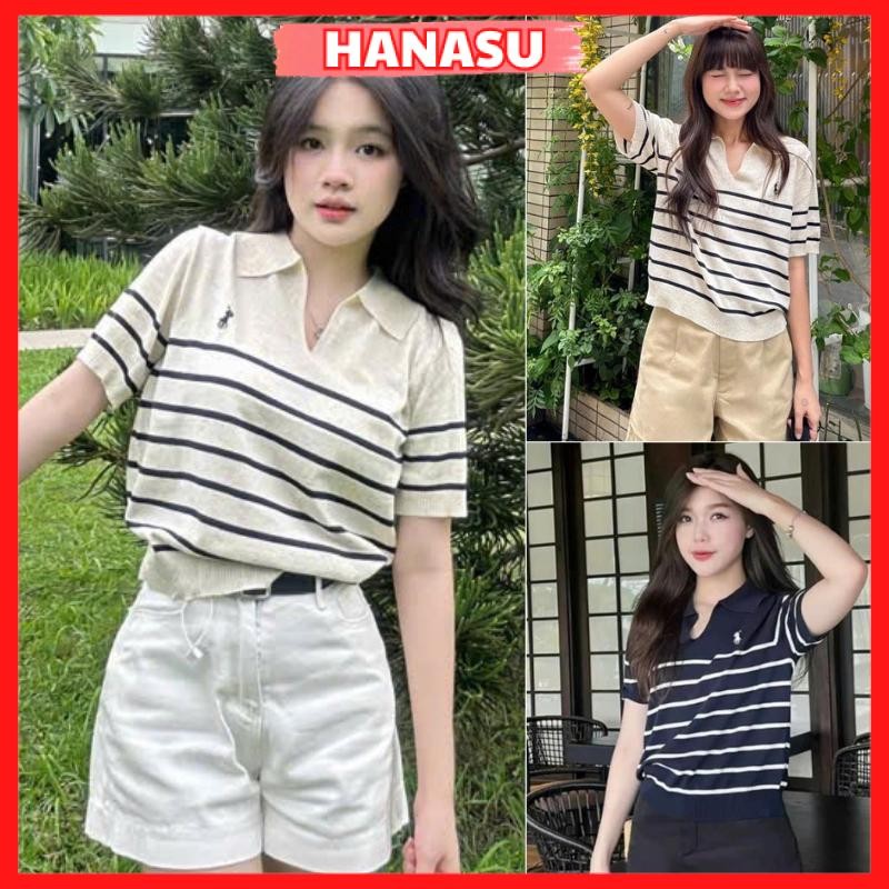 Áo len mongtoghi cổ polo xẻ V áo len polo thiết kế thêu ngựa hoạ tiết kẻ ngang phong cách Hàn Quốc A