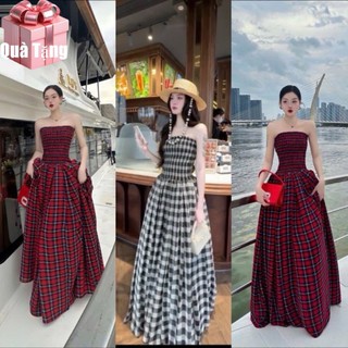 Đầm ống nữ bo eo phối tầng xòe form dài dễ thương kẻ caro chất vải Kate FreeSize