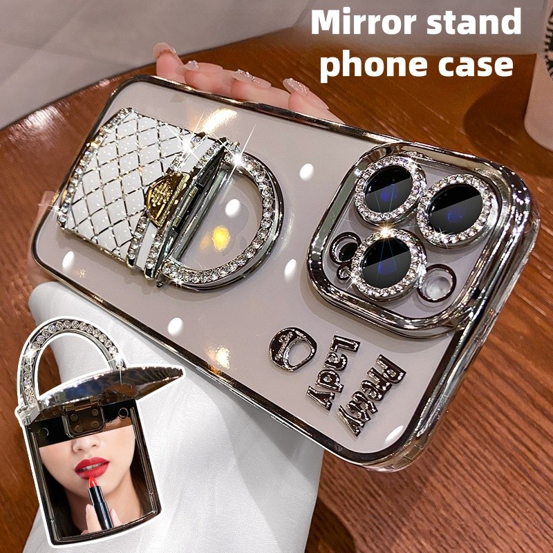 Ốp điện thoại giá đỡ gương thời trang cho iphone 16 11 12 13 14 15 Pro Max 15 16 plus Vỏ có Camera Bảo vệ toàn diện Vỏ chống sốc Vỏ mềm Vỏ bảo vệ điện thoại