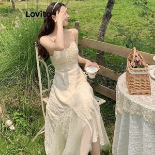 Đầm Lovito xẻ tà đính ngọc trai màu trơn phong cách thường ngày cho nữ LNA53105
