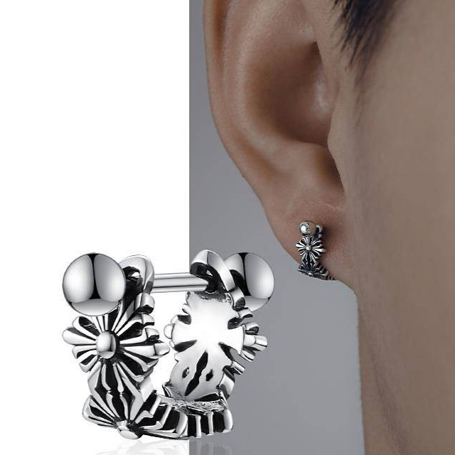 Sterling Silver Stud Earrings for Men Vintage Cross High-Grade Boys Ear Bone Stud Single Elegant Men