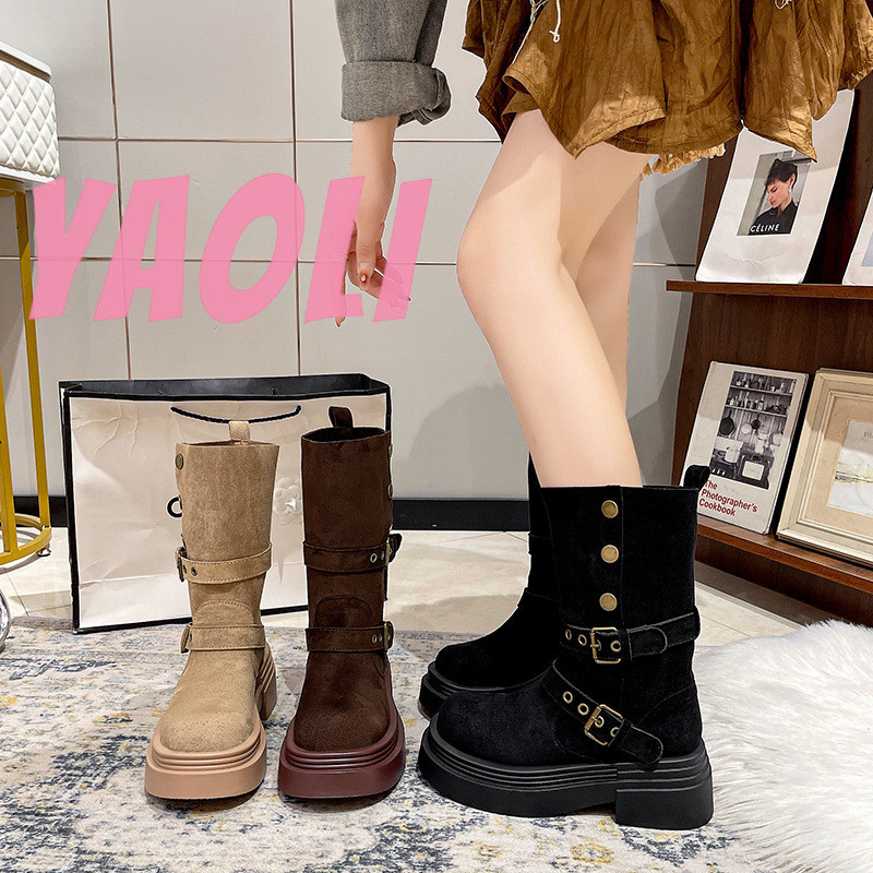 Yaoli Retro hai trang phục mùa thu đông phong cách mới nâng cao tầm vóc nhỏ gót dày đế dày bốt ngắn Martin