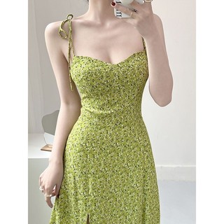Yuewen Suspender Đầm Phong Cách Pháp Kỳ Nghỉ Tình Dục Hoa Xanh Cao Cấp Dây Treo Đầm Đi Biển Đầm