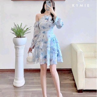 Đầm dự tiệc cổ yếm trễ vai màu xanh phối bèo phong cách tiểu thư