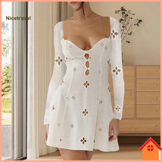 [Ni] Đầm Thoáng Khí Mùa Hè Màu Trơn Đầm Midi Hoa Tuyệt Đẹp Rỗng Cho Nữ Đầm Dự Tiệc Cổ Chữ V Thanh Lịch Vải Mềm Hoàn Hảo Cho Người Mua Đông Nam