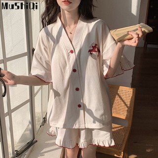 MUSHIQI Bộ đồ ngủ nữ có đệm ngực Áo len cổ chữ V mỏng tay ngắn + quần Short Bộ đồ hai mảnh