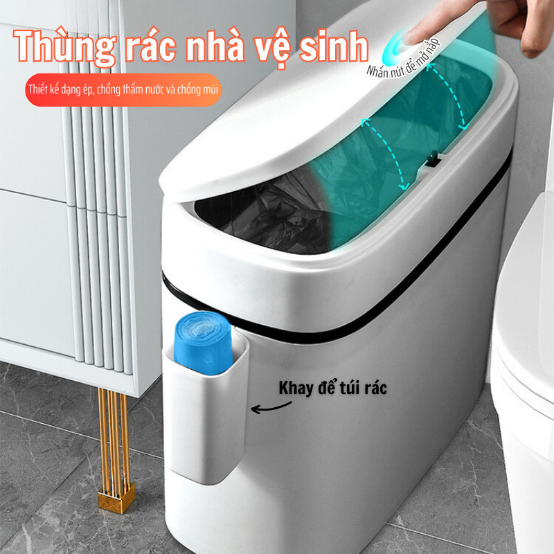 Thùng rác Grand Haven màu trắng, ngăn mùi, nhỏ gọn, có hộc đựng túi tiện dụng