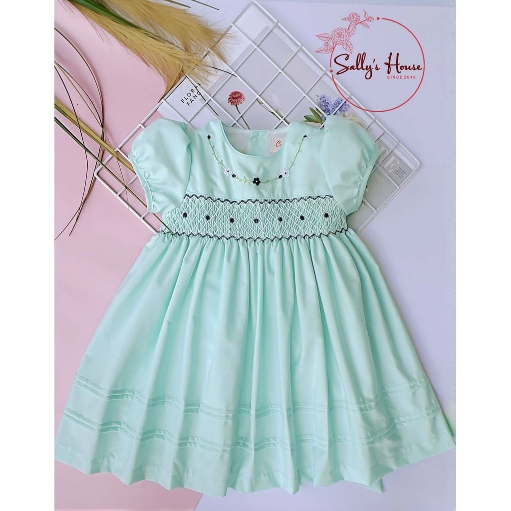 Đầm Smock thêu hoa 4 màu, đầm trắng, đầm hồng, đầm xanh, đầm tím thêu hoa cho bé gái.