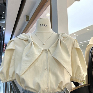 Daxingzhe Phong Cách Mới Hàn Quốc Tay Phồng Ngọt Ngào Cổ Chữ V Đơn Phong Cách Preppy Áo Sơ Mi Tay Ngắn