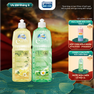Combo 2 nước rửa chén hương chanh + nha đam earth choice an toàn với cả đồ dùng ăn uống của bé dung tích 1l