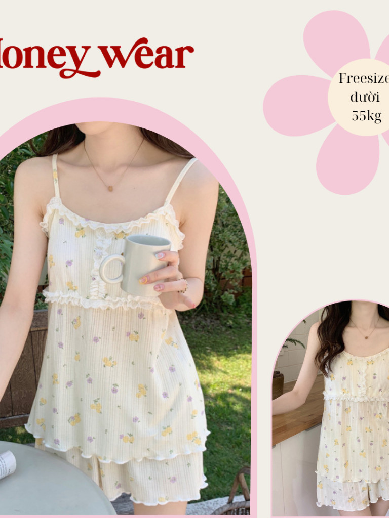 {Home pajamas} [HÀNG MỚI VỀ] Bộ  Cotton Hai Dây Hoa Nhí Cổ V Mặc Nhà Honey Wear Pijama Nữ, Bộ Hai D
