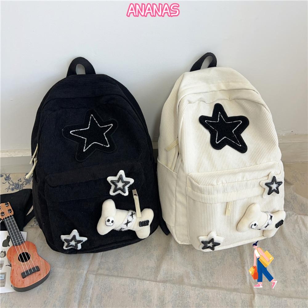Túi du lịch ANANAS, Ba lô học sinh có thể điều chỉnh dung tích lớn, Ba lô vải nhung Y2K dành cho nữ