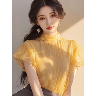  Áo sơ mi màu vàng áo sơ mi nữ cao cấp áo sơ mi ngắn tay voan mùa hè 