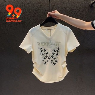 Áo Thun Cotton Trơn Cổ V Ngắn Tay In Hình Bướm Đính Kim Cương Thời Trang Mùa Hè 2023 Cho Nữ