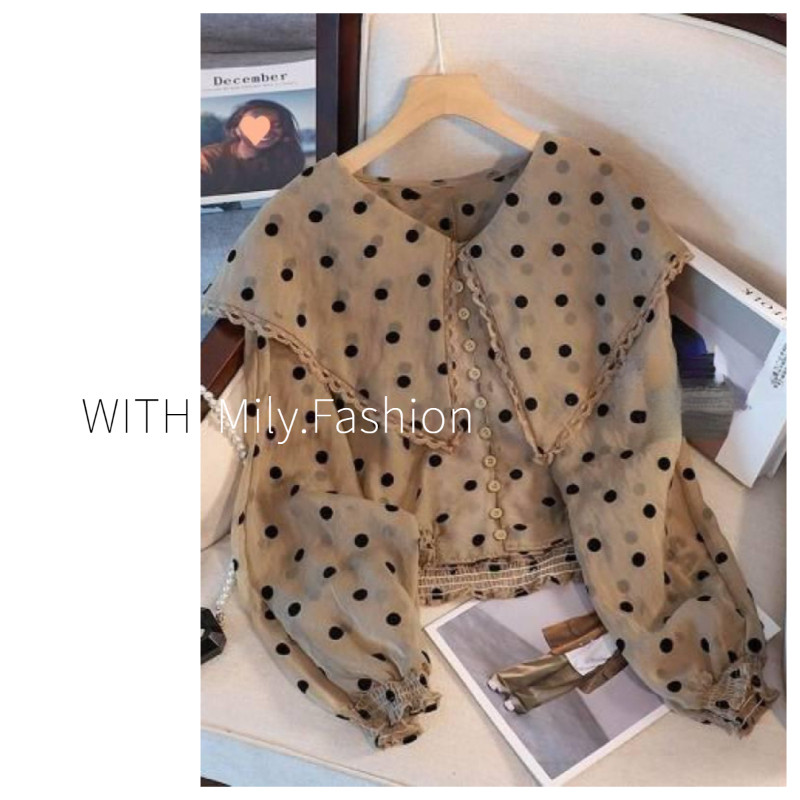 Áo Sơ Mi Voan Cổ Búp Bê chấm bi kiểu Pháp Milyfashion Áo sơ mi tay phồng kiểu dáng ngắn Kiểu Mới Mùa Xuân 2024