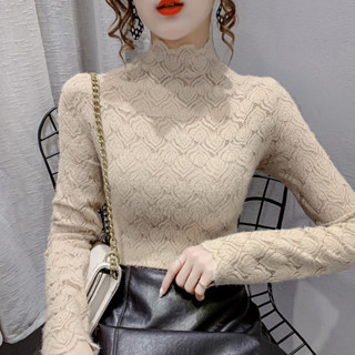 Jiashuchen Nửa Cổ Rùa Chải Chải Rỗng Ren Áo Sơ Mi Nữ Thu Đông Phong Cách Mới Bên Trong Gạc Đáy Áo Sơ Mi Thời Trang Dài Tay Top