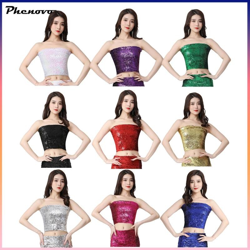 Phenovo Belly Dance Sequin Tube Top, Crop Tube Top, Áo đeo vai thời trang nữ