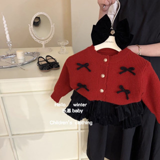 Phiên Bản Hàn Quốc Quần Áo Trẻ Em Bé Gái Áo Len Thu Đông Phong Cách Mới Cho Bé Giáng Sinh Nơ Đỏ Cardigan Trẻ Em Năm Mới