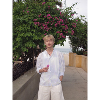 Áo Sơ Mi Nam Kẻ Sọc Xanh Cổ Trụ Form Rộng Linen -Thiết kế Jaate