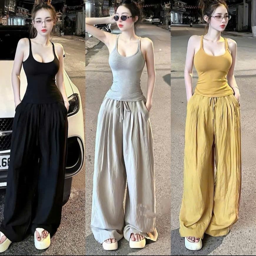 SÉT bộ áo ba lỗ+quần suông bồng bí chất đũi mát TOP nữ