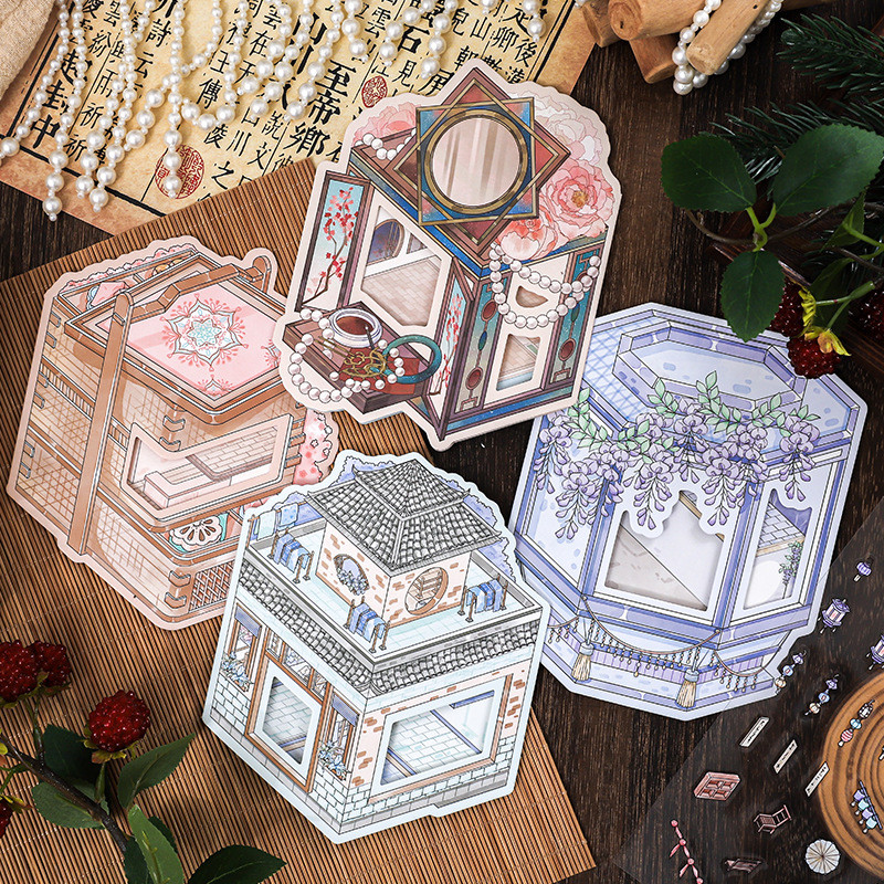 Idako [Nổi Cuộc Sống Qinghuan Series] Flip Cảnh Quan Sticker Sổ Tay DIY Thu Nhỏ Cảnh Cổ Xếp Chồng Vu