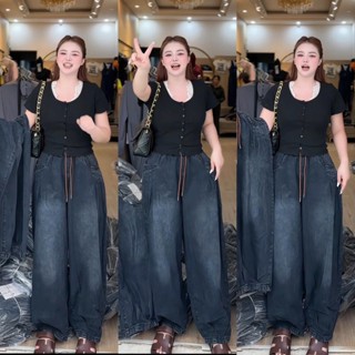  Quần jean nữ ống rộng bo gấu chun eo . Chất liệu jeans mềm mại thoáng mát cực hot mùa hè 