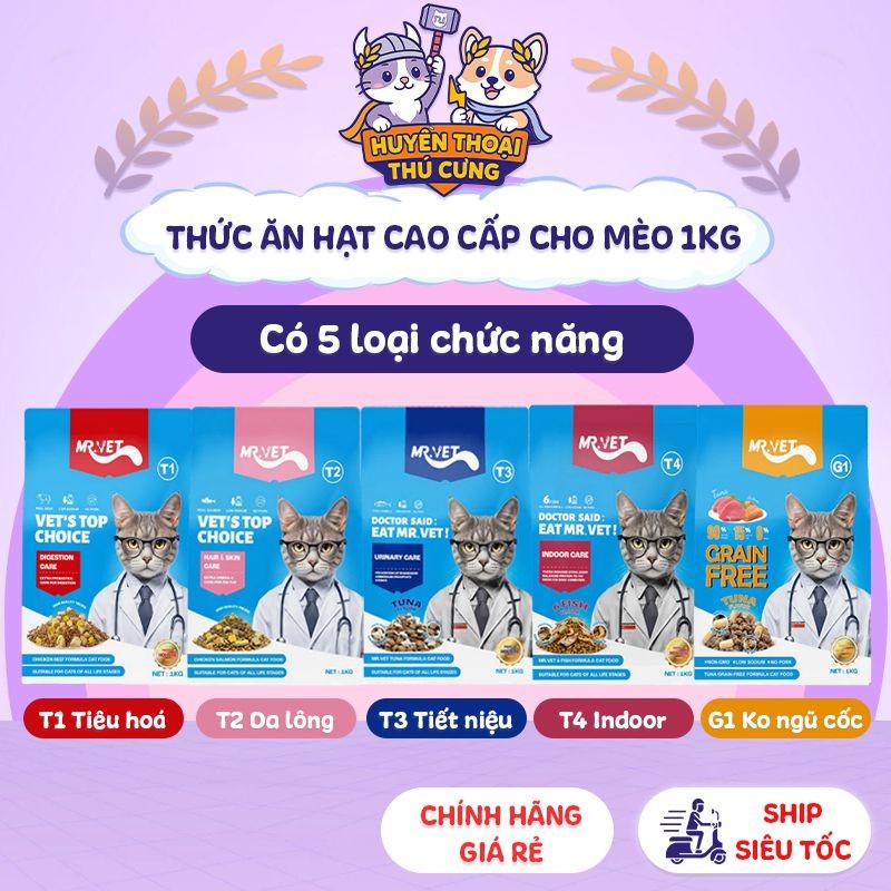 Hạt cho mèo Mr Vet bịch 1kg cho mèo mọi lứa tuổi, Hạt Mr.Vet hỗ trợ các vấn đề sức khoẻ