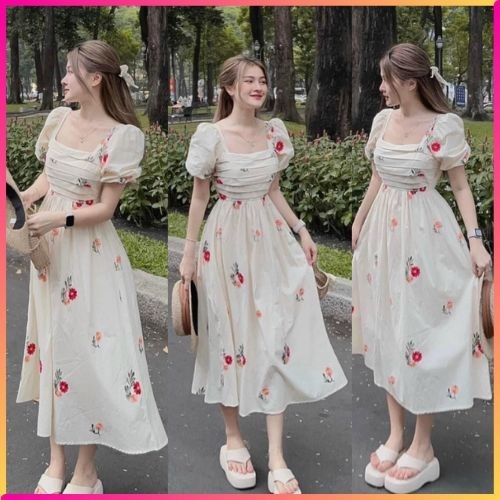 Đầm váy nữ voan hoa xếp ly ngực tay phồng, Đầm thời trang nữ mặc đi chơi in hoạ tiết hoa văn cổ vuông dập ly váy xoè