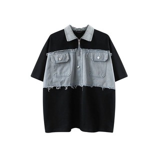Live GREA Áo thun nam mùa hè xu hướng mới thiết kế thích hợp denim khâu hàng đầu dáng rộng phù hợp với ve áo ngắn tay