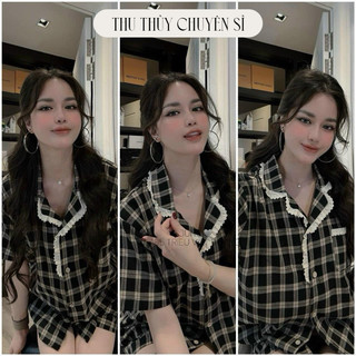 SET BỘ MẶC NHÀ KẺ CARO ĐEN VIỀN REN