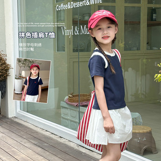  Hàng có sẵn Mùa hè Phong cách mới Thời trang Slim-fit Áo thun chặn màu Phiên bản Hàn Quốc Bé gái thêu chữ cổ tròn Áo bé gái mùa hè