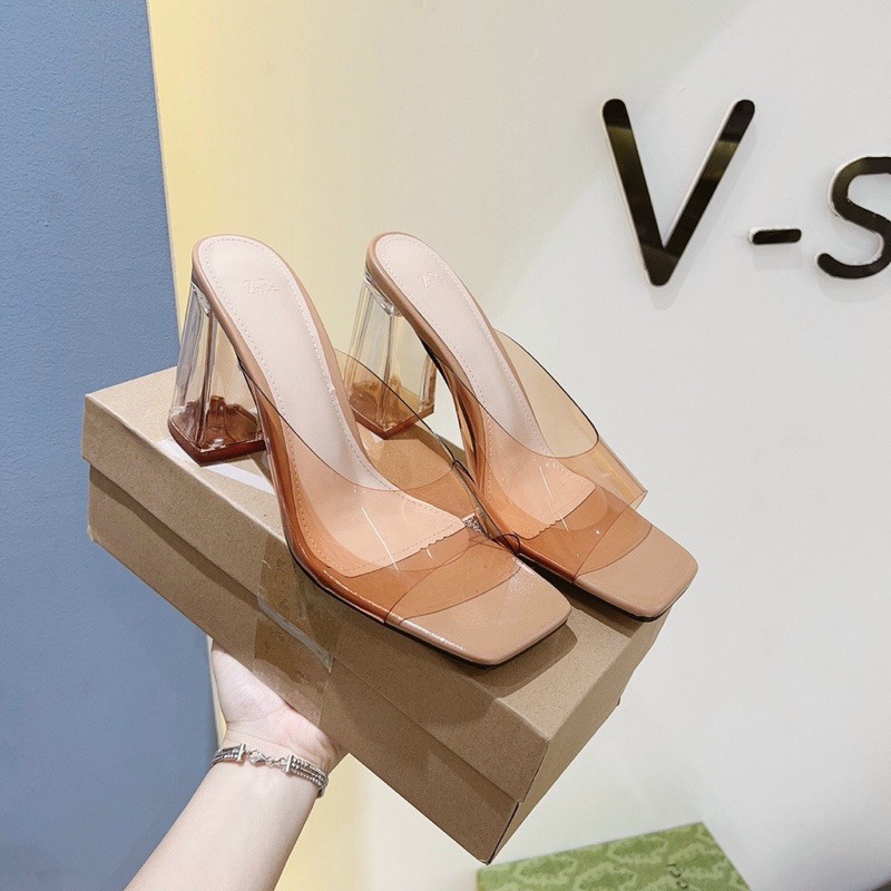 M1 Guốc mũi vuông màu cà phê gót trụ 9cm M2