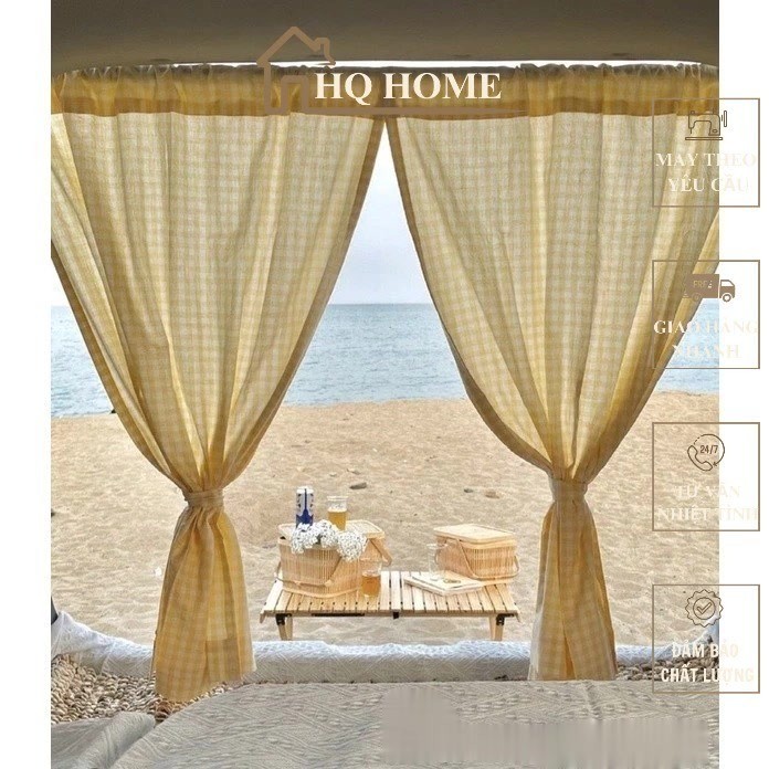 Rèm Cửa Vải Caro Phong Cách Vintage  Dán và Treo | HQ HOME