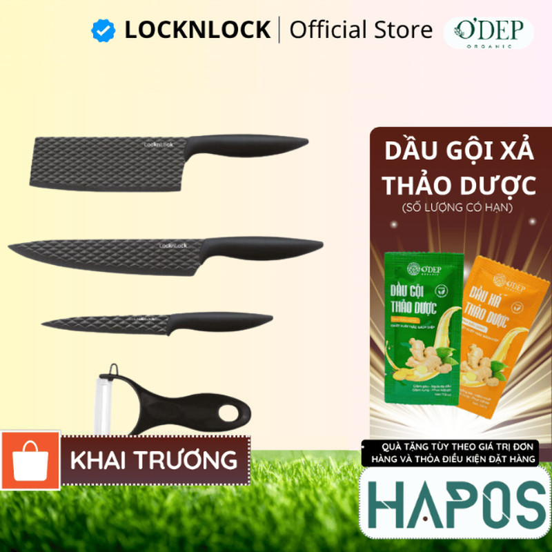Bộ dao 4 món LocknLock, chống dính, chất liệu thép không gỉ (3 dao 1 bào) - Màu đen CKK104S4 - HAPOS