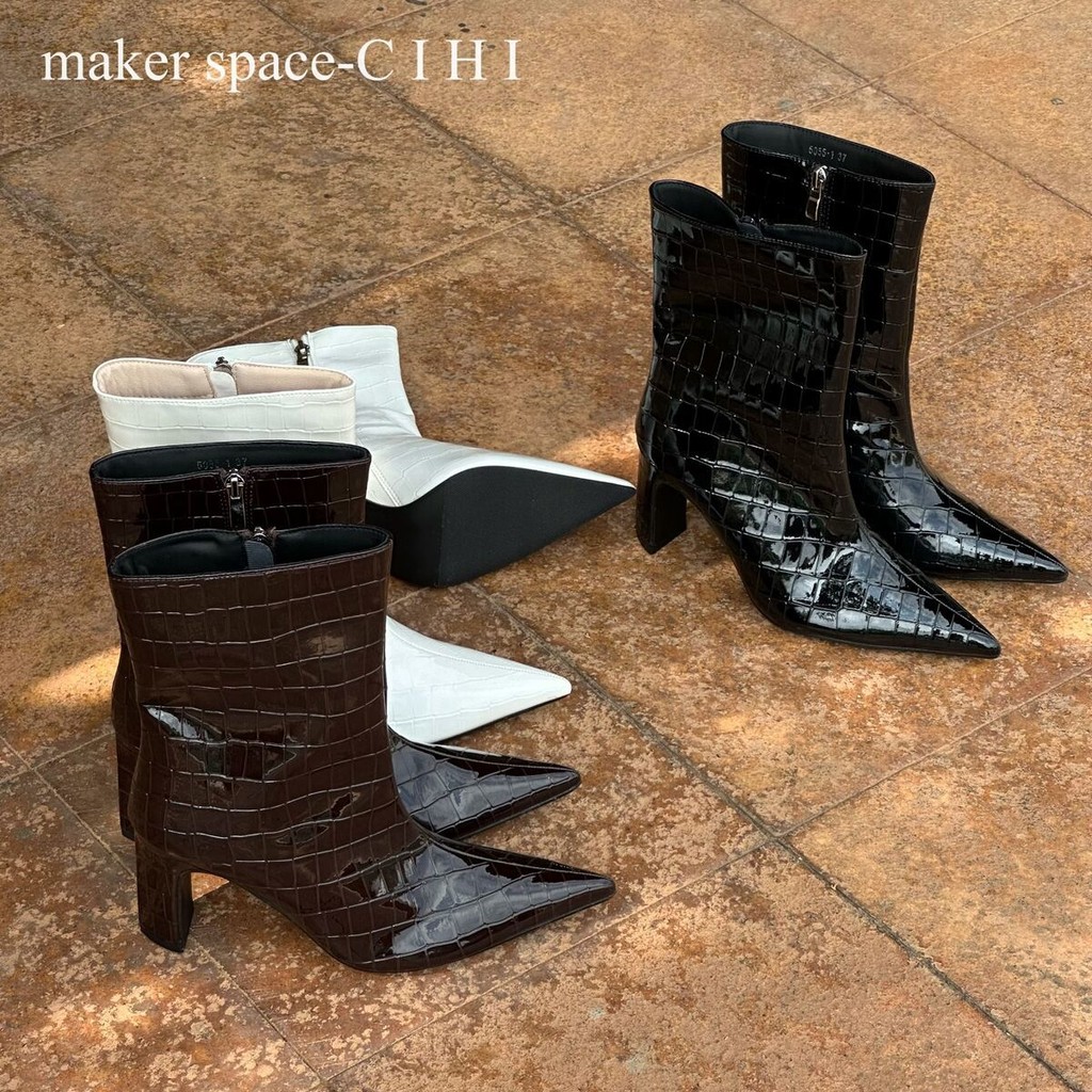 Cihi Design 'makerspace' -598 [Liyuejian] Giày bốt đế dày gót nhọn họa tiết đá sáng bóng độc đáo