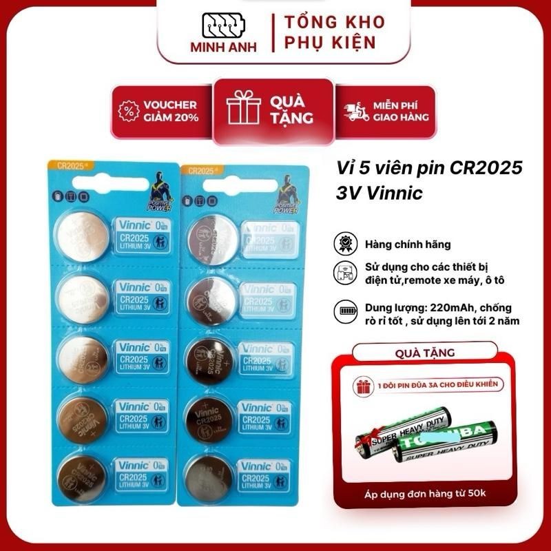 ￼Pin VINNIC CR2025 3V Lithium dùng cho đồng hồ, thiết bị điện tử (1 vỉ 5 viên)