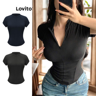 Lovito Áo thun thông thường có dây kéo trơn cho nữ L88AD043 (Nhiều màu)