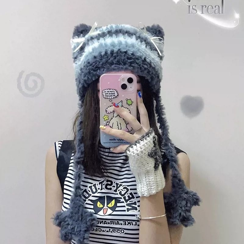 Same Style Autumn Winter Retro Cat Ear Hat Small Gray Material Kit Cat Ear Hat Knitting Long Velvet 