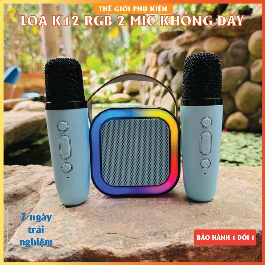 Loa Bluetooth Karaoke Mini 2 Mic K12 – CÓ ĐÈN LED – Loa kéo karaoke, Loa mini, Loa K12, Loa Karaoke 