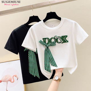 Sugemiusi Mùa Hè Phong Cách Mới Đính Hạt Nơ Áo Thun Nữ Rời Thiết Kế Phù Hợp Với Niche Thời Trang Top