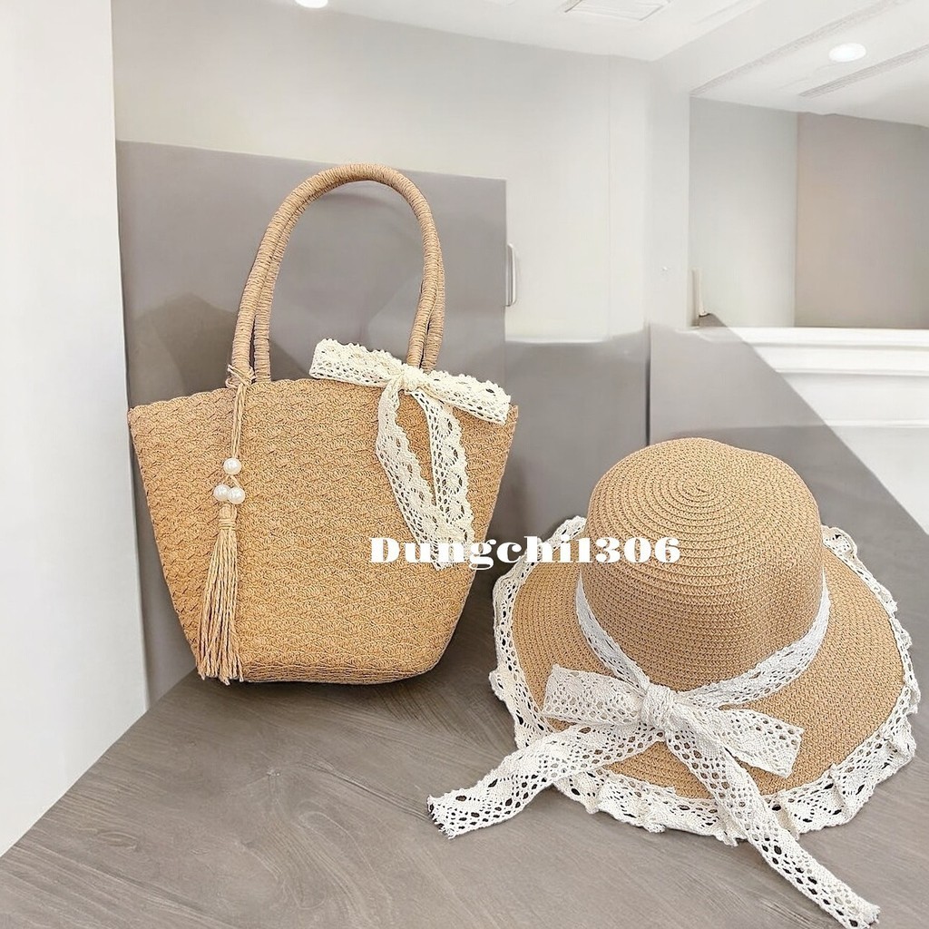 Set túi mũ cói tua rua mix ngọc nơ ren đi biển đi chơi đều xinh | BigBuy360 - bigbuy360.vn