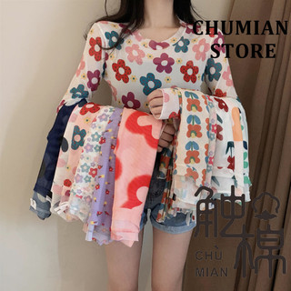 Ice Silk Mesh Kem Chống Nắng Đế Áo Thun In Cổ Tròn Dài Tay Áo Thun Nữ