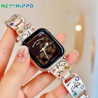 Dây đeo kim loại chó con dễ thương phù hợp cho dòng đồng hồ thông minh 9 / 8 / 7 / 6 / SE / 5 / 4 dây đeo hoạt hình bằng thép không gỉ phù hợp cho iWatch 49 / 45 / 42 / 41 / 40 / 38mm